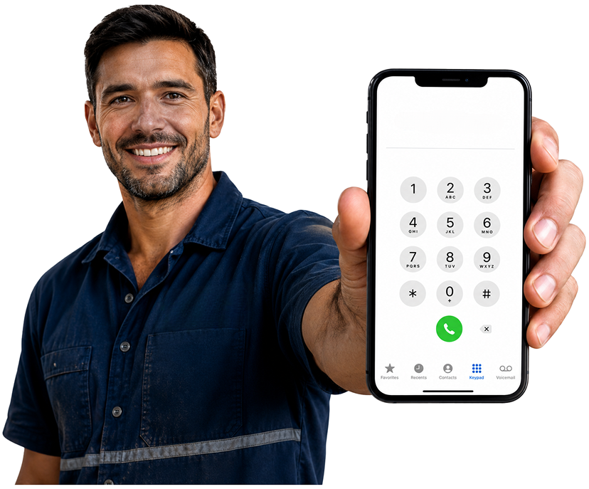 Wareemba Blocked Drains plumber holding a phone — call 1300 261 965