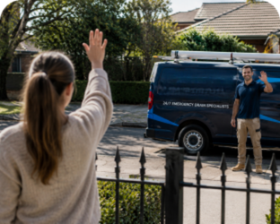 Customer waving goodbye to a Wareemba Blocked Drains plumber